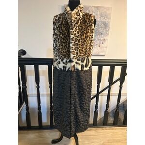 Simon Chang Faux Fur Leopard Print Long Vest Duster Brown Mixed Media Size 8